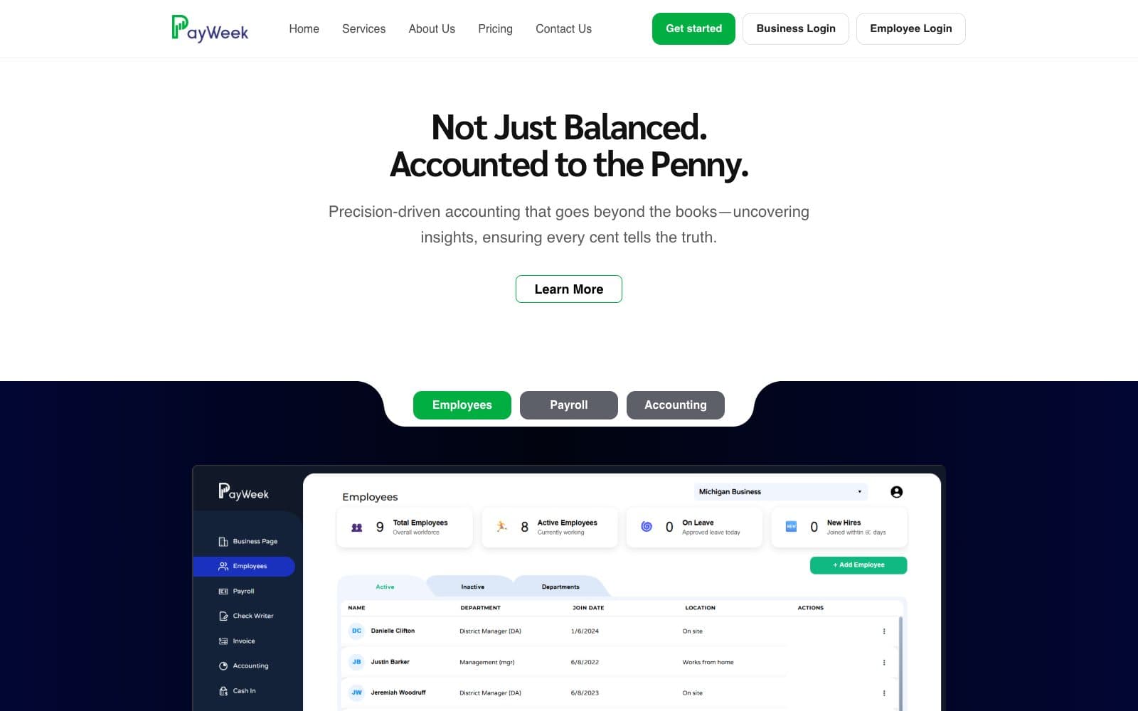 The PayWeek home page: the headline “Not Just Balanced. Accounted to the Penny.” above tabs for employees, payroll and accounting and a preview of the employee dashboard.